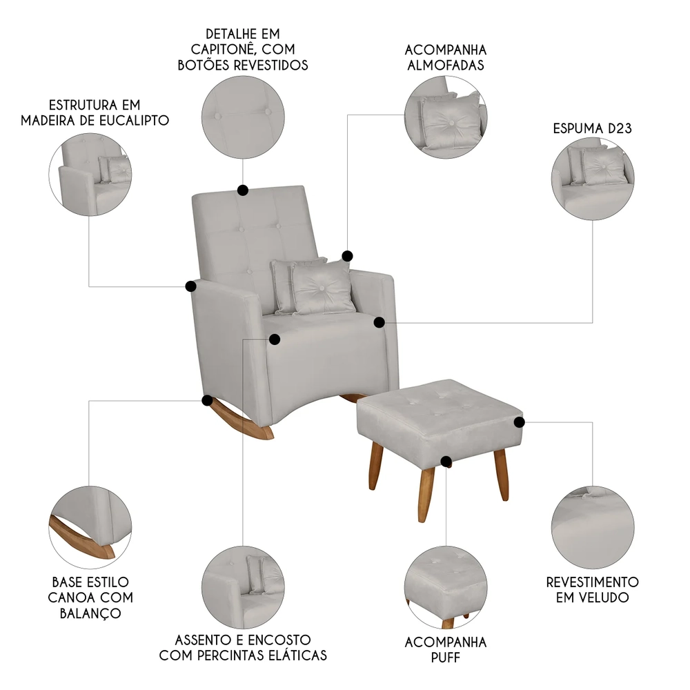 Poltrona Amamentação Base Balanço e Puff Lola Veludo Cinza F03 - Mpozenato