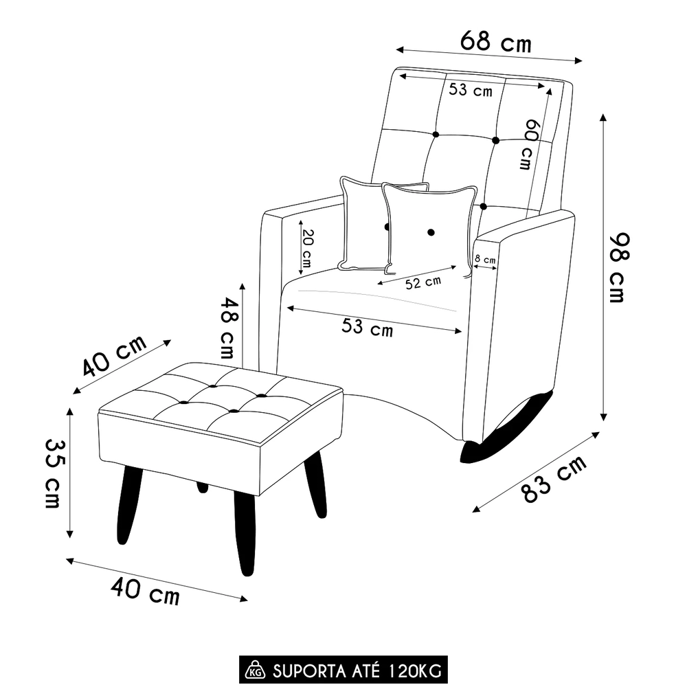 Poltrona Amamentação Base Balanço e Puff Lola Veludo Cinza F03 - Mpozenato