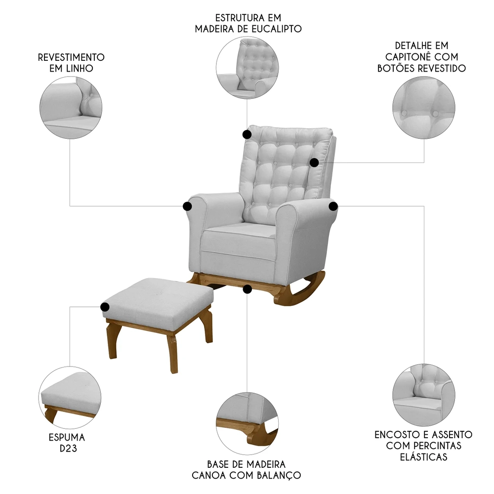Poltrona Amamentação Base Balanço e Puff Maju Linho Cinza F03 - Mpozenato