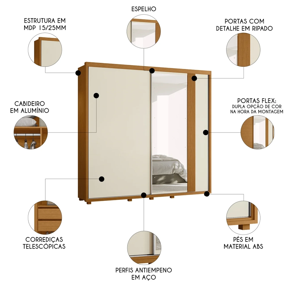 Guarda Roupa Casal 240cm com Espelho Aline Flex A02 Off/Sálvia - Mpozenato