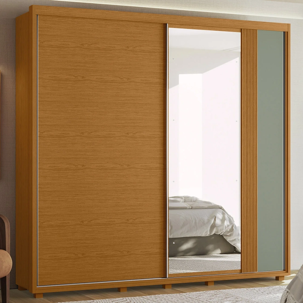 Guarda Roupa Casal 240cm com Espelho Aline Flex A02 Off/Sálvia - Mpozenato