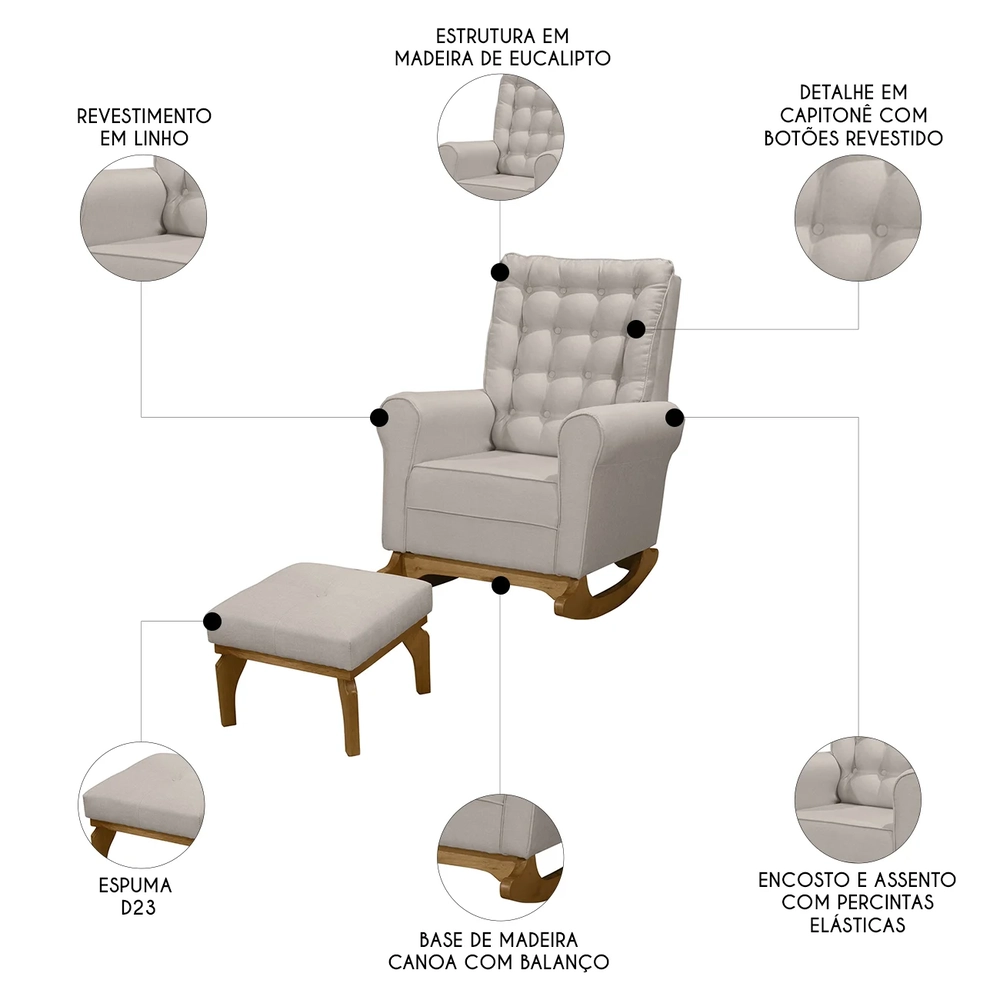 Poltrona Amamentação Base Balanço e Puff Maju Linho Bege F03 - Mpozenato