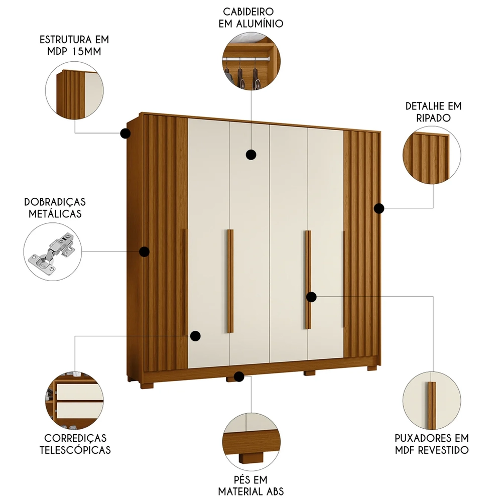 Guarda Roupa Casal 237cm 6 Portas Vinna A02 Off/Cinamomo    - Mpozenato