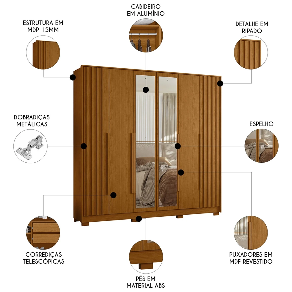 Guarda Roupa Casal 237cm com Espelho Vinna A02 Cinamomo     - Mpozenato