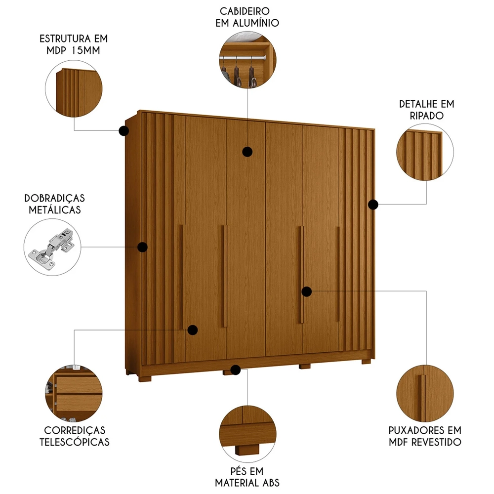 Guarda Roupa Casal 237cm 6 Portas Vinna A02 Cinamomo        - Mpozenato