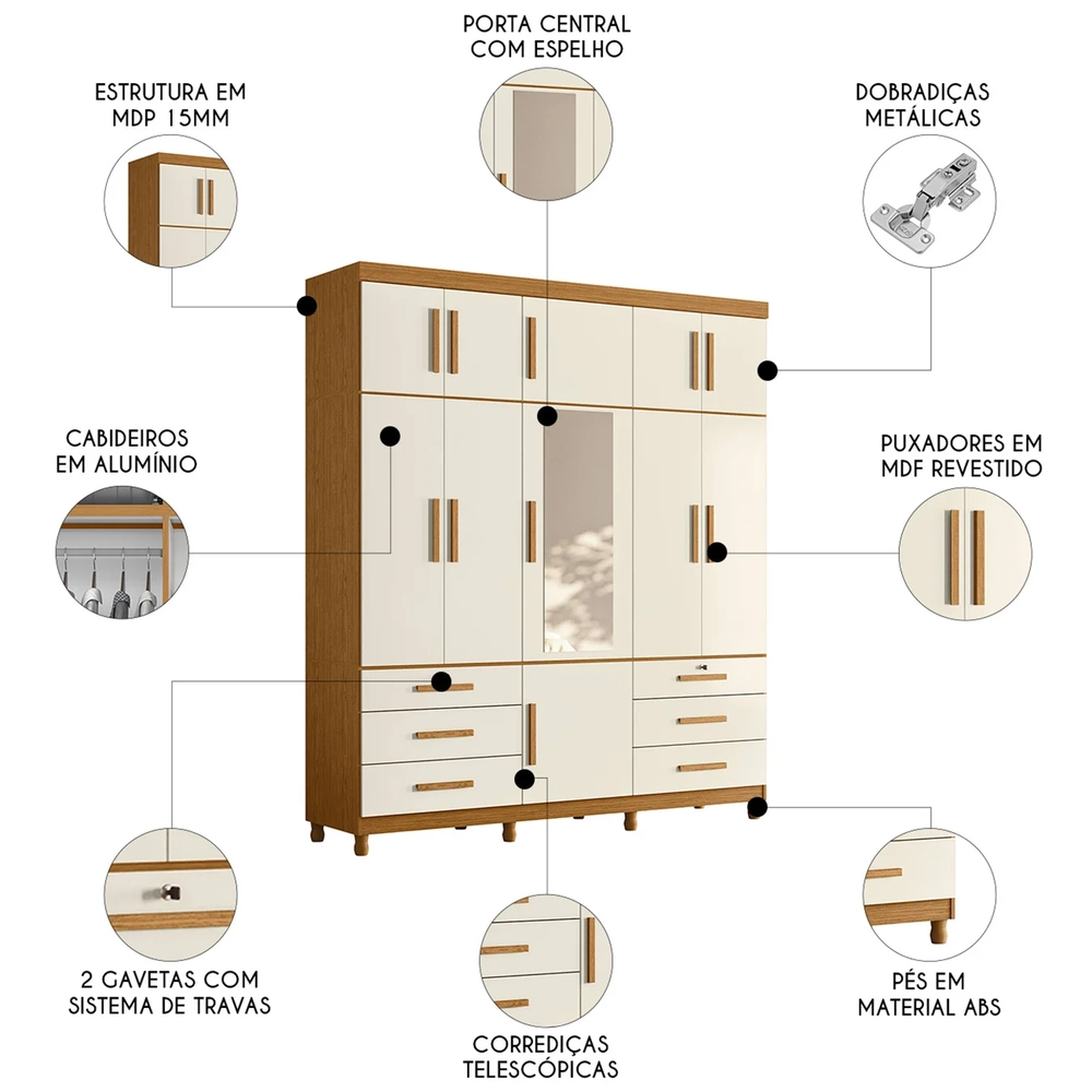 Guarda Roupa Casal 201cm 11 Portas Thony A02 Off/Cinamomo   - Mpozenato