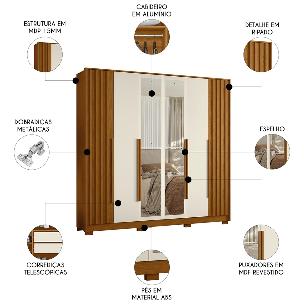 Guarda Roupa Casal 237cm com Espelho Vinna A02 Off/Cinamomo - Mpozenato