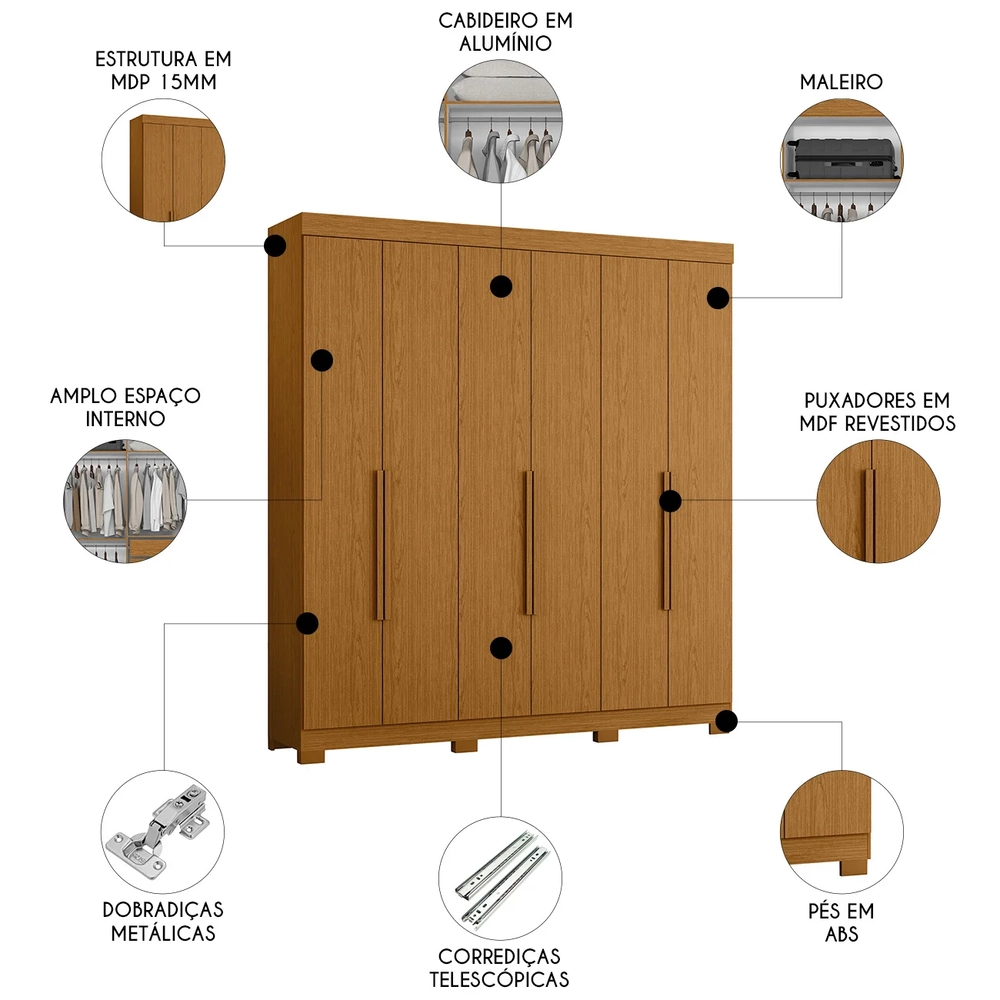 Guarda Roupa Casal 200cm 6 Portas Viny A02 Cinamomo         - Mpozenato
