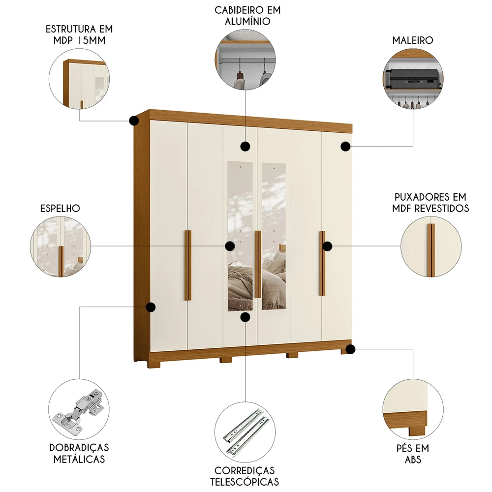Guarda Roupa Casal 200cm com Espelho Viny A02 Off/Cinamomo  - Mpozenato