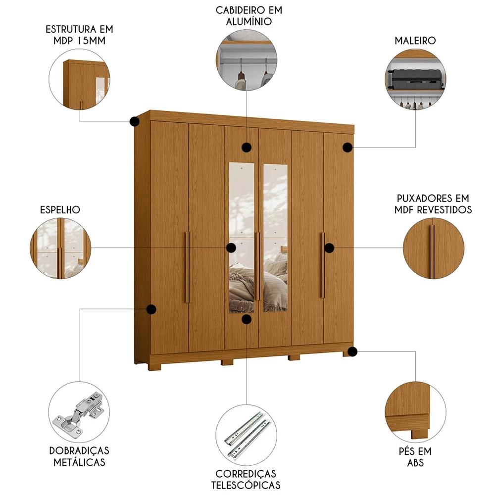 Guarda Roupa Casal 200cm com Espelho Viny A02 Cinamomo      - Mpozenato