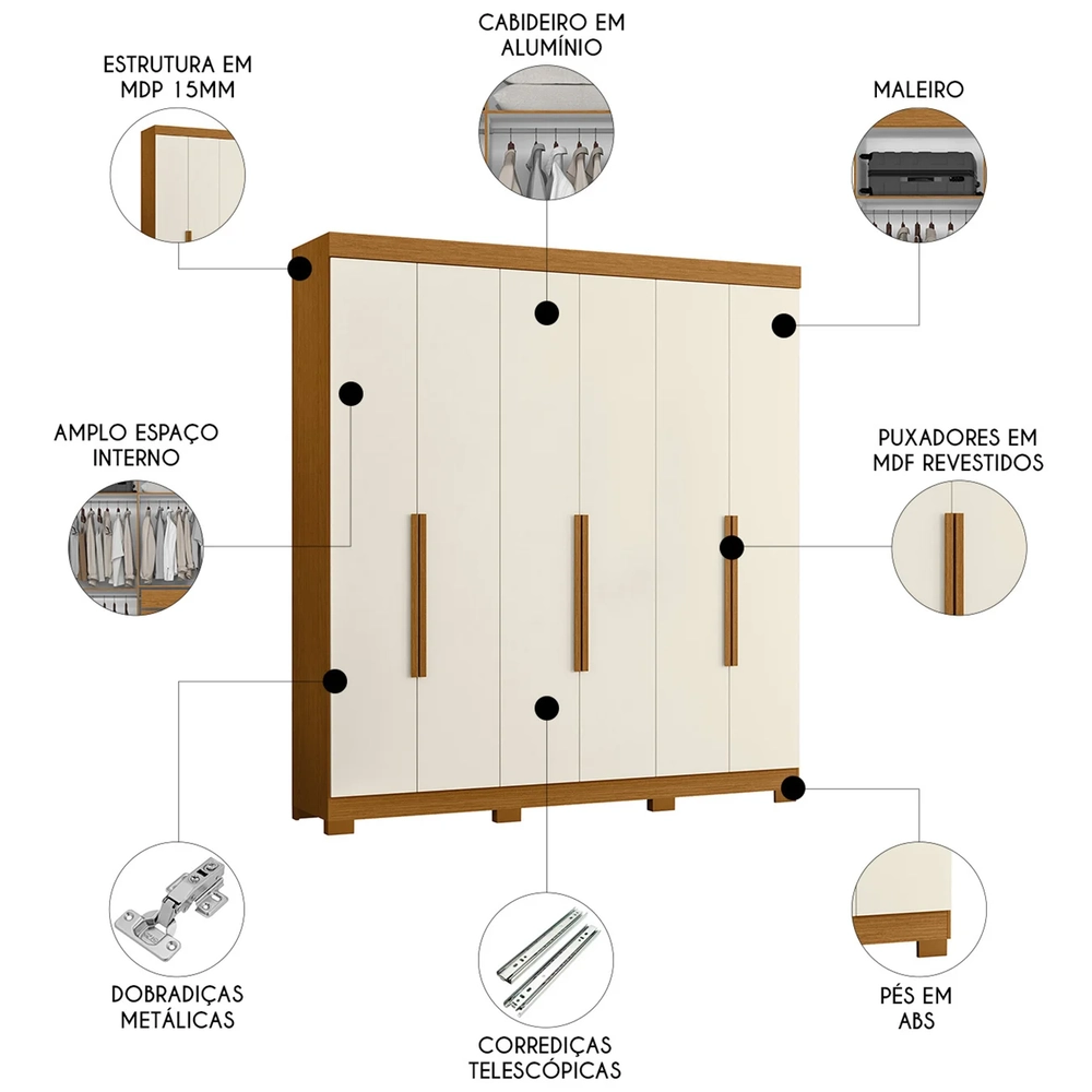 Guarda Roupa Casal 200cm 6 Portas Viny A02 Off/Cinamomo      - Mpozenato