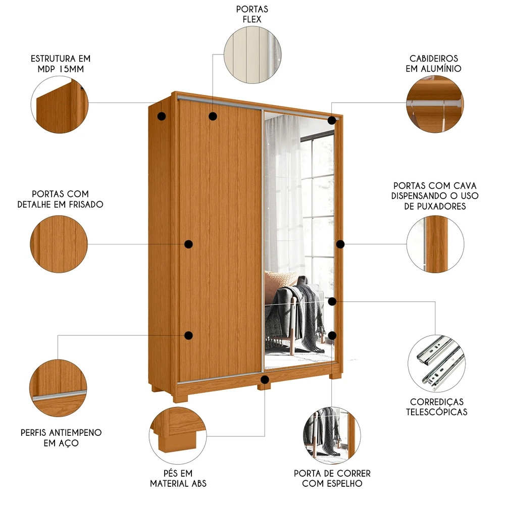 Guarda Roupa Solteiro com Espelho Rizatto Flex A02 Off/Cinamomo - Mpozenato