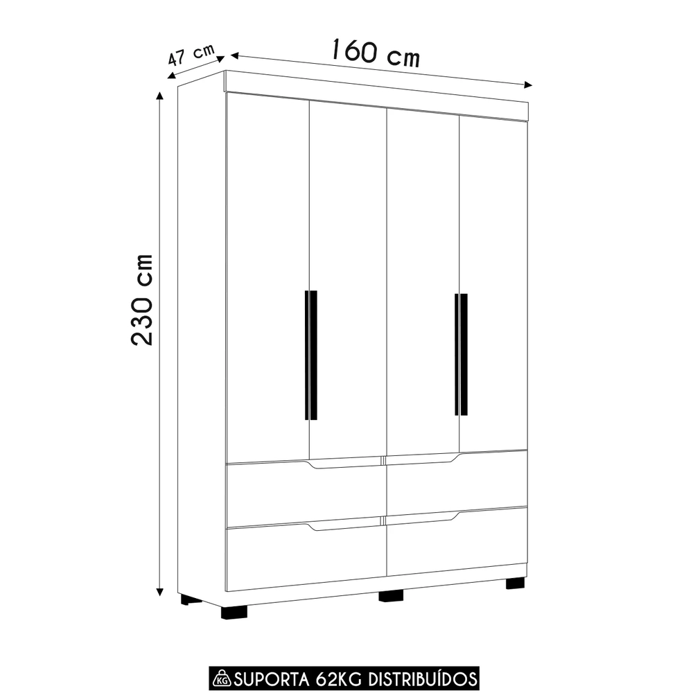 Guarda Roupa Solteiro 160cm 4 Portas Doble Branco           - Albatroz
