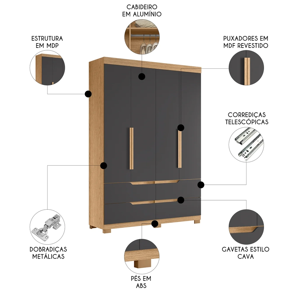 Guarda Roupa Solteiro 160cm 4 Portas Doble Freijó/Titanium  - Albatroz