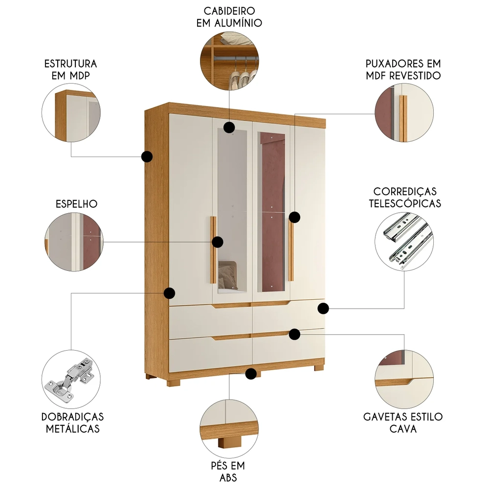 Guarda Roupa Solteiro 160cm com Espelho Doble Cinamomo/Off  - Albatroz