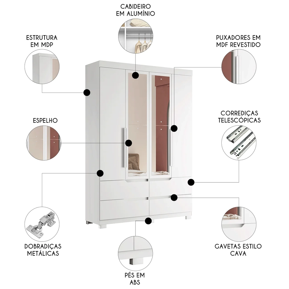 Guarda Roupa Solteiro 160cm com Espelho Doble Branco        - Albatroz