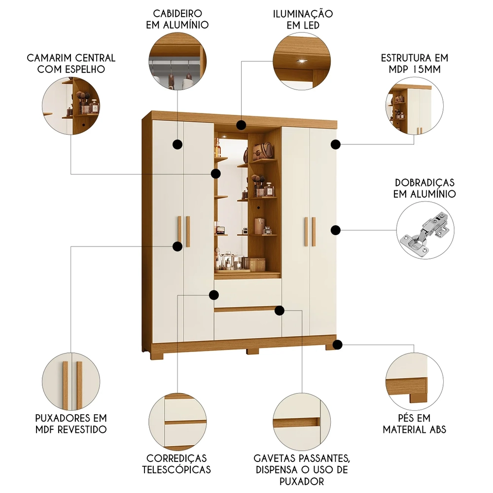 Guarda Roupa Solteiro 163cm Capelinha Artto A02 Off/Cinamomo - Mpozenato