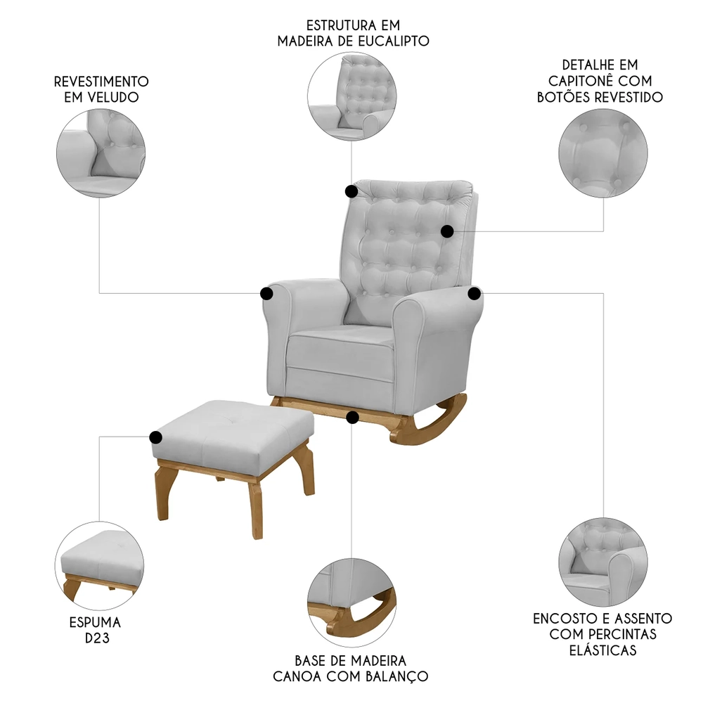 Poltrona Amamentação Base Balanço e Puff Maju Veludo Cinza F03 - Mpozenato