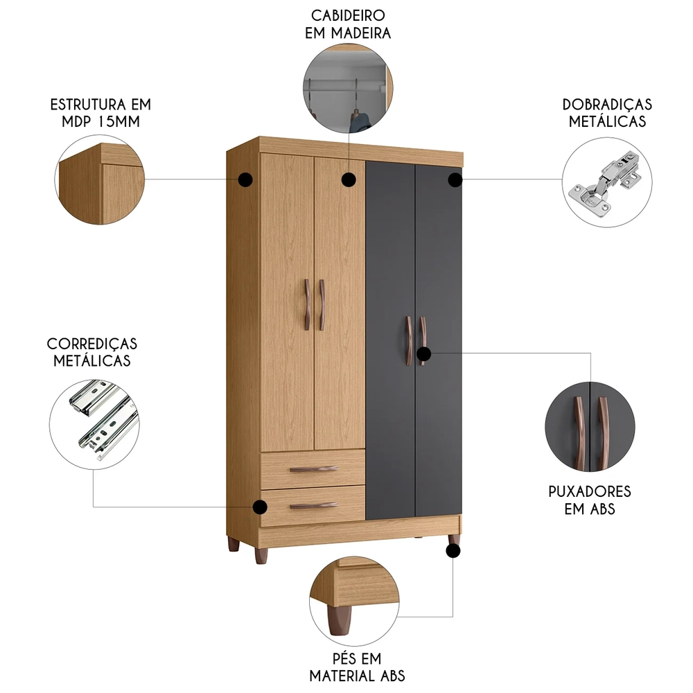 Guarda Roupa Solteiro 103cm 4 Portas Dony A02 Freijó/Titanium - Mpozenato