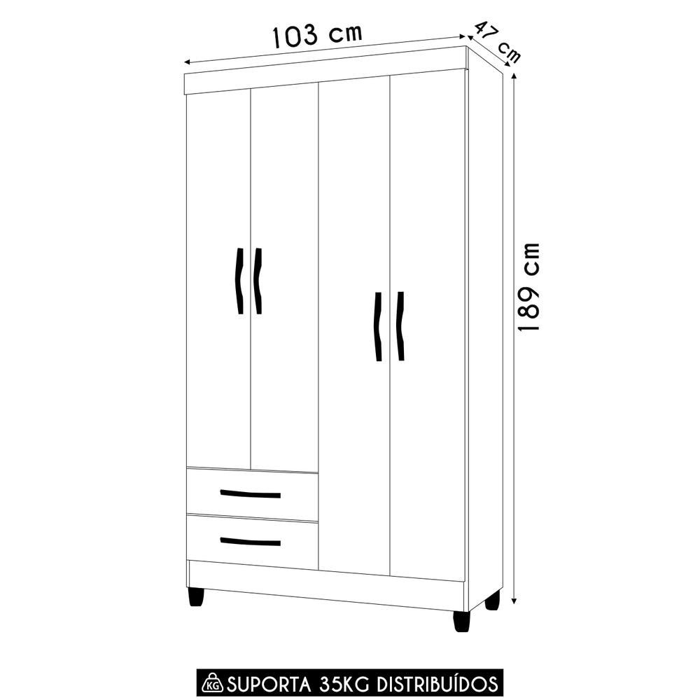 Guarda Roupa Solteiro 103cm 4 Portas Dony Flex A02 Branco   - Mpozenato