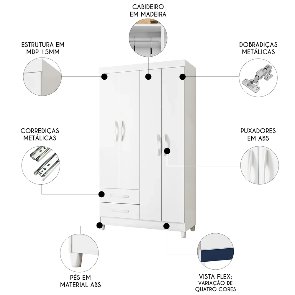 Guarda Roupa Solteiro 103cm 4 Portas Dony Flex A02 Branco   - Mpozenato