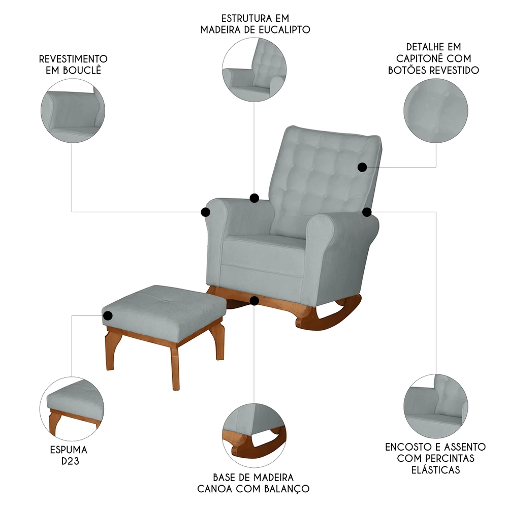 Poltrona Amamentação Base Balanço e Puff Maju Bouclê Cinza F03 - Mpozenato