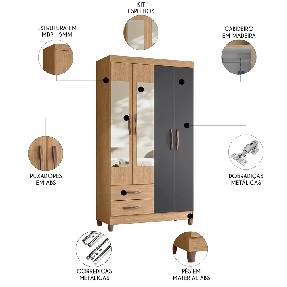 Guarda Roupa Solteiro 103cm com Espelho Dony A02 Freijó/Titanium - Mpozenato