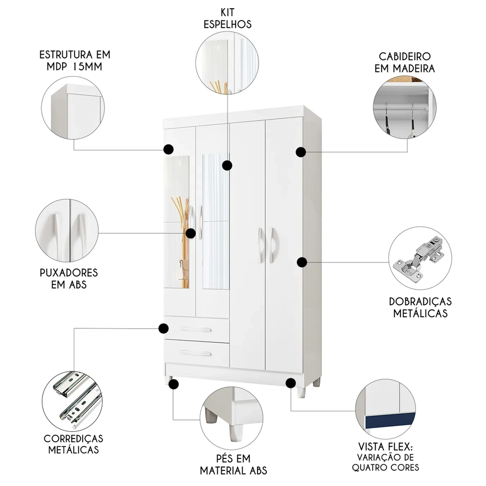 Guarda Roupa Solteiro 103cm com Espelho Dony Flex A02 Branco - Mpozenato
