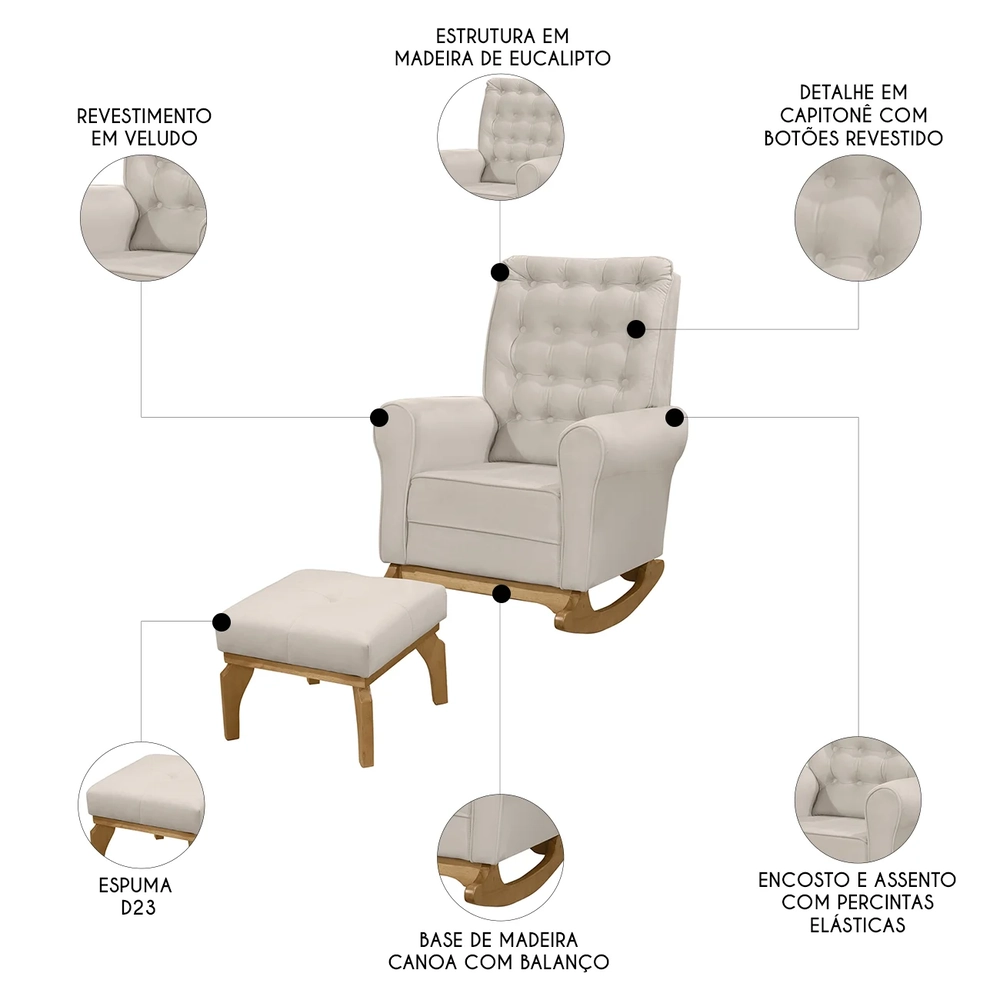 Poltrona Amamentação Base Balanço e Puff Maju Veludo Off F03 - Mpozenato