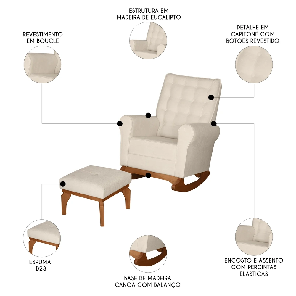 Poltrona Amamentação Base Balanço e Puff Maju Bouclê Off F03 - Mpozenato