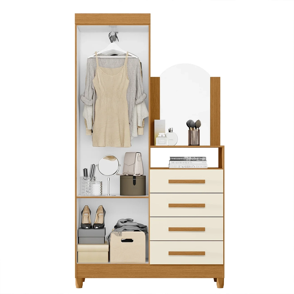 Guarda Roupa Cômoda com Espelho 103cm Maite A02 Off/Cinamomo - Mpozenato
