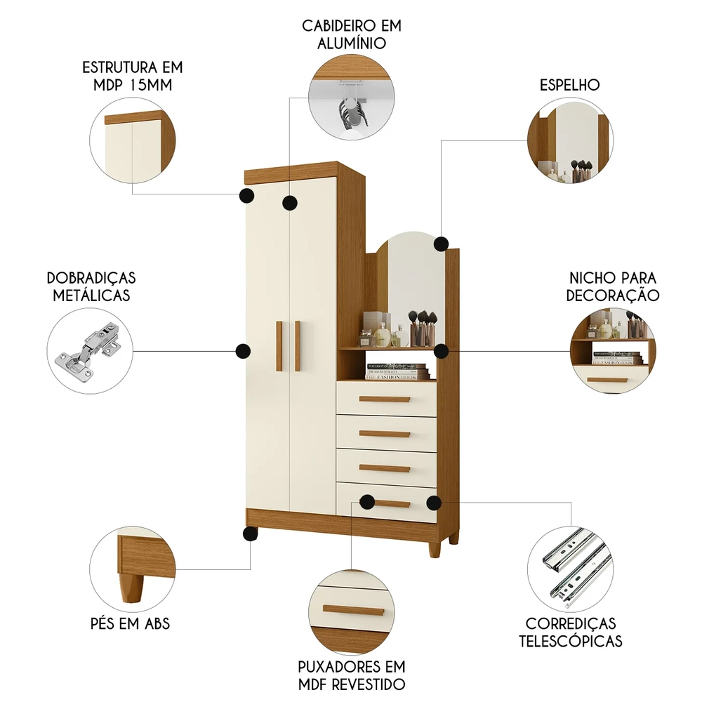 Guarda Roupa Cômoda com Espelho 103cm Maite A02 Off/Cinamomo - Mpozenato
