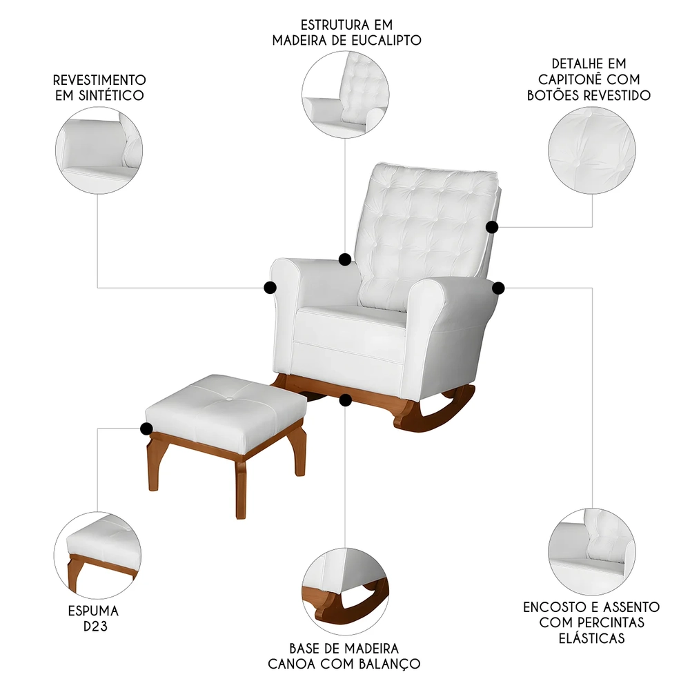 Poltrona Amamentação Base Balanço e Puff Maju Sintético Branco F03 - Mpozenato