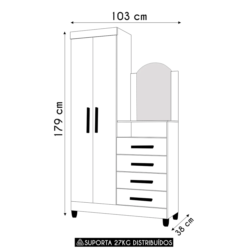 Guarda Roupa Cômoda com Espelho 103cm Maite A02 Azul/Rosa/Titanium - Mpozenato