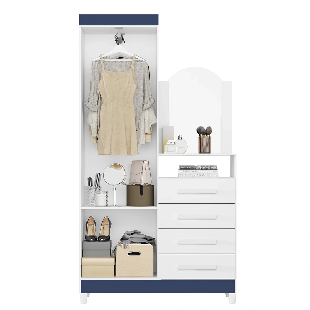 Guarda Roupa Cômoda com Espelho 103cm Maite A02 Azul/Rosa/Titanium - Mpozenato