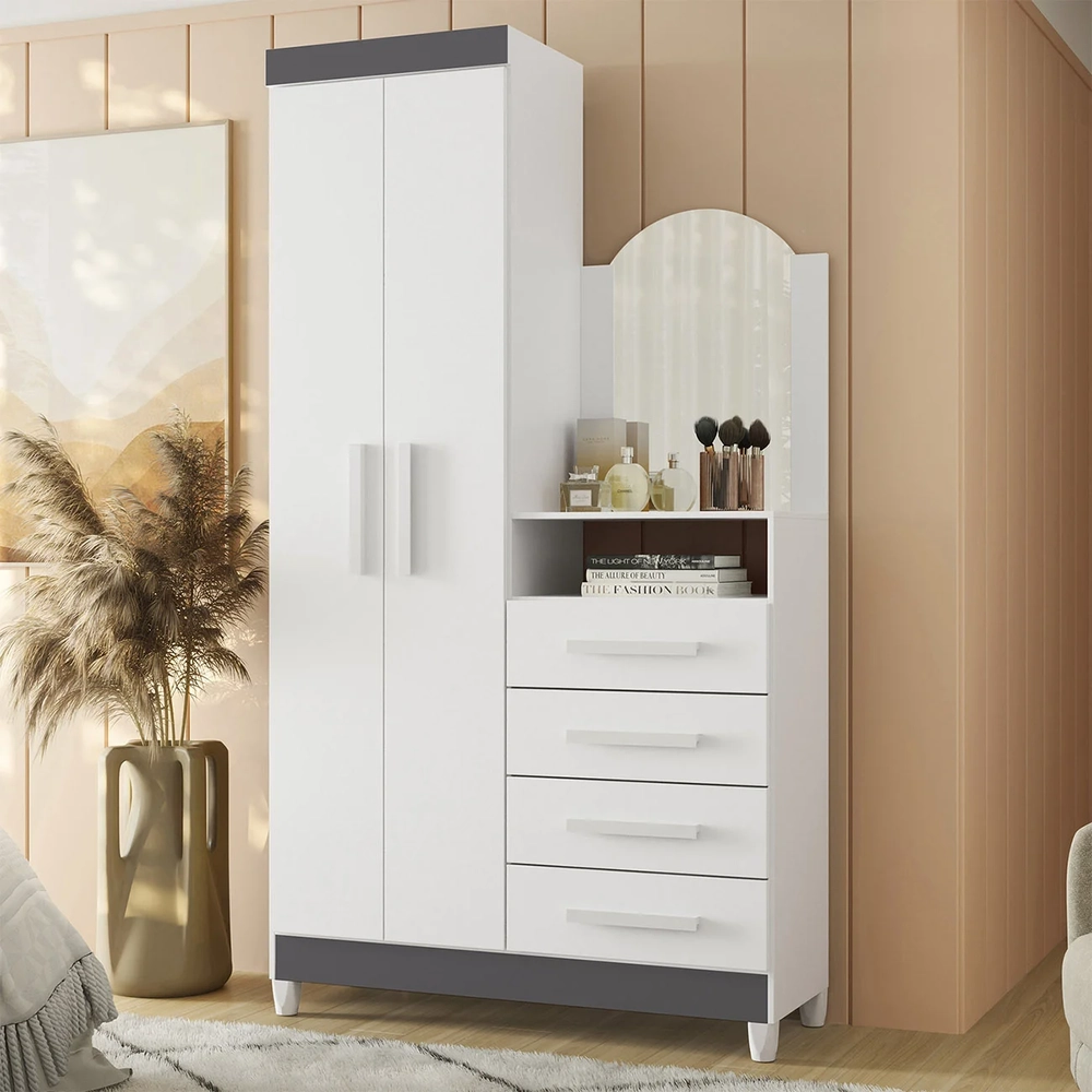 Guarda Roupa Cômoda com Espelho 103cm Maite A02 Azul/Rosa/Titanium - Mpozenato