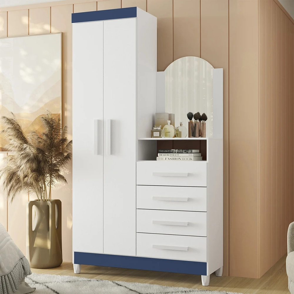 Guarda Roupa Cômoda com Espelho 103cm Maite A02 Azul/Rosa/Titanium - Mpozenato