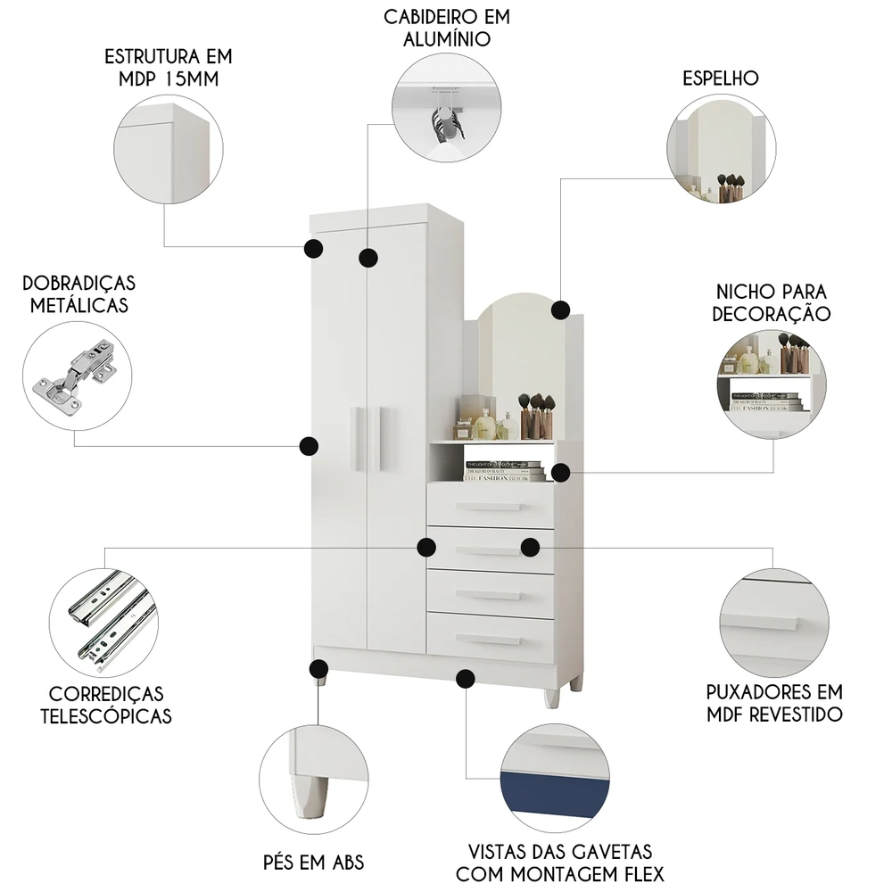 Guarda Roupa Cômoda com Espelho 103cm Maite A02 Azul/Rosa/Titanium - Mpozenato