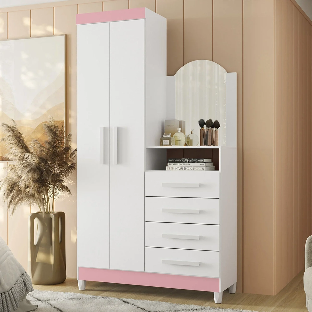 Guarda Roupa Cômoda com Espelho 103cm Maite A02 Azul/Rosa/Titanium - Mpozenato