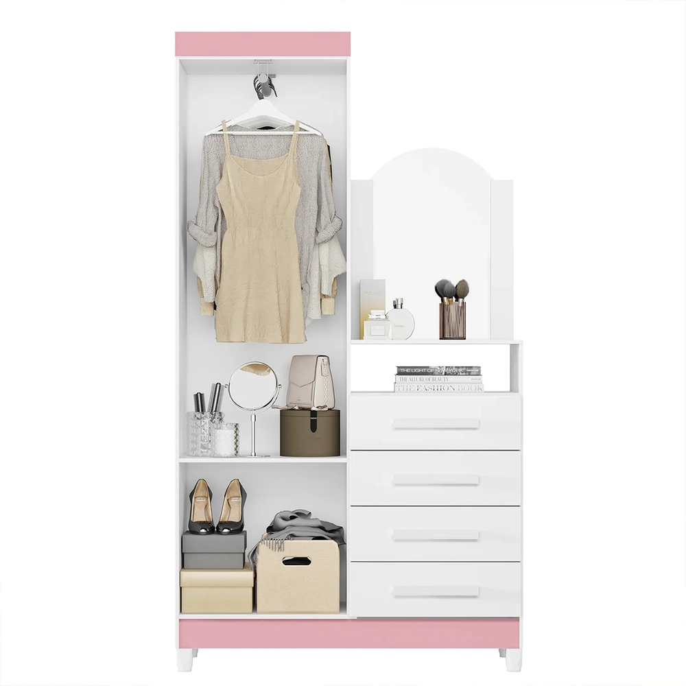 Guarda Roupa Cômoda com Espelho 103cm Maite A02 Azul/Rosa/Titanium - Mpozenato