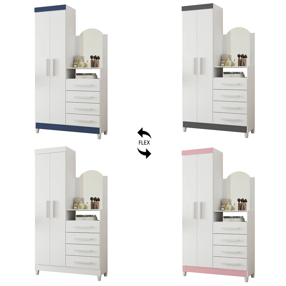 Guarda Roupa Cômoda com Espelho 103cm Maite A02 Azul/Rosa/Titanium - Mpozenato
