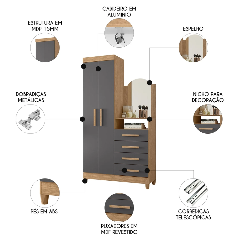 Guarda Roupa Cômoda com Espelho 103cm Maite A02 Freijó/Titanium - Mpozenato