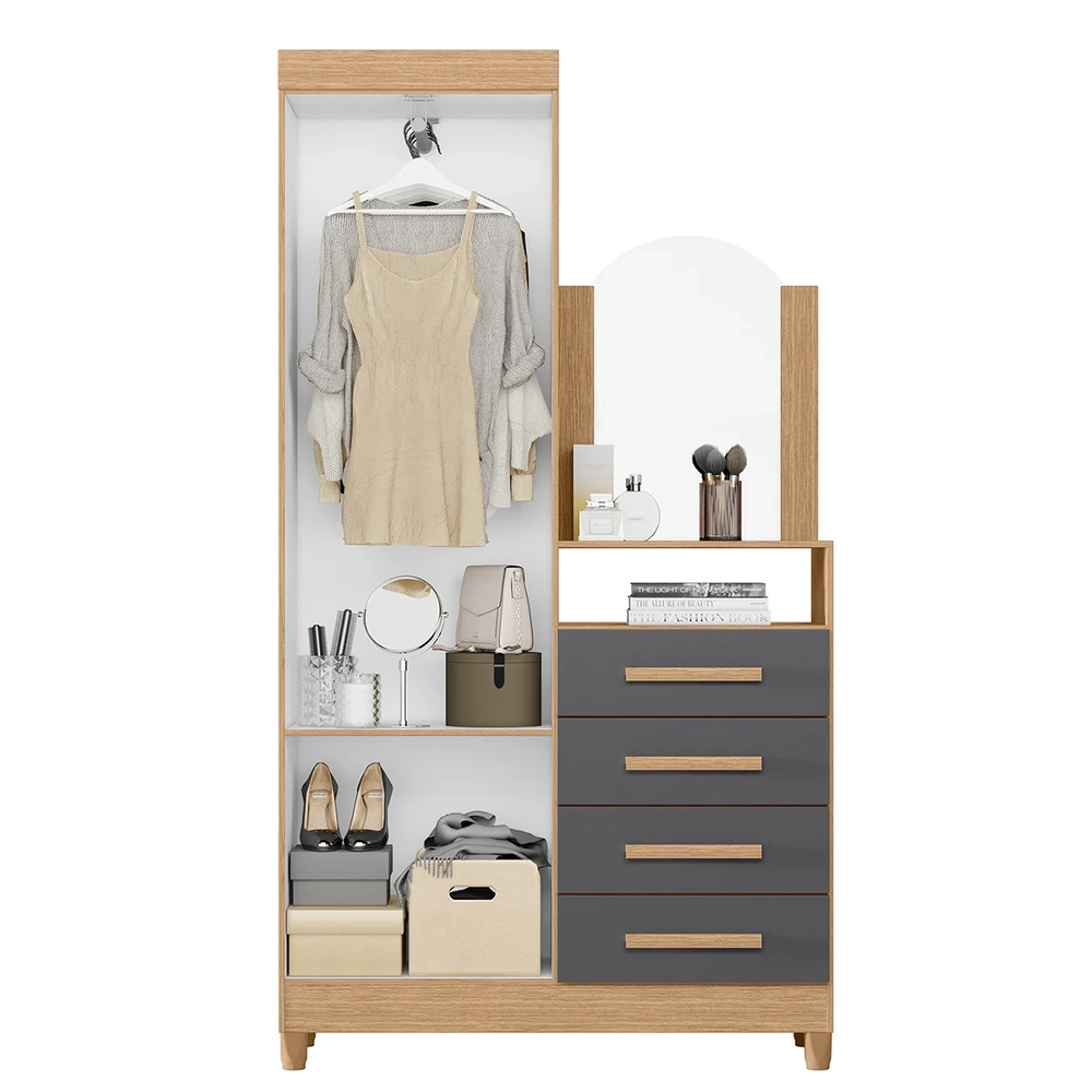 Guarda Roupa Cômoda com Espelho 103cm Maite A02 Freijó/Titanium - Mpozenato