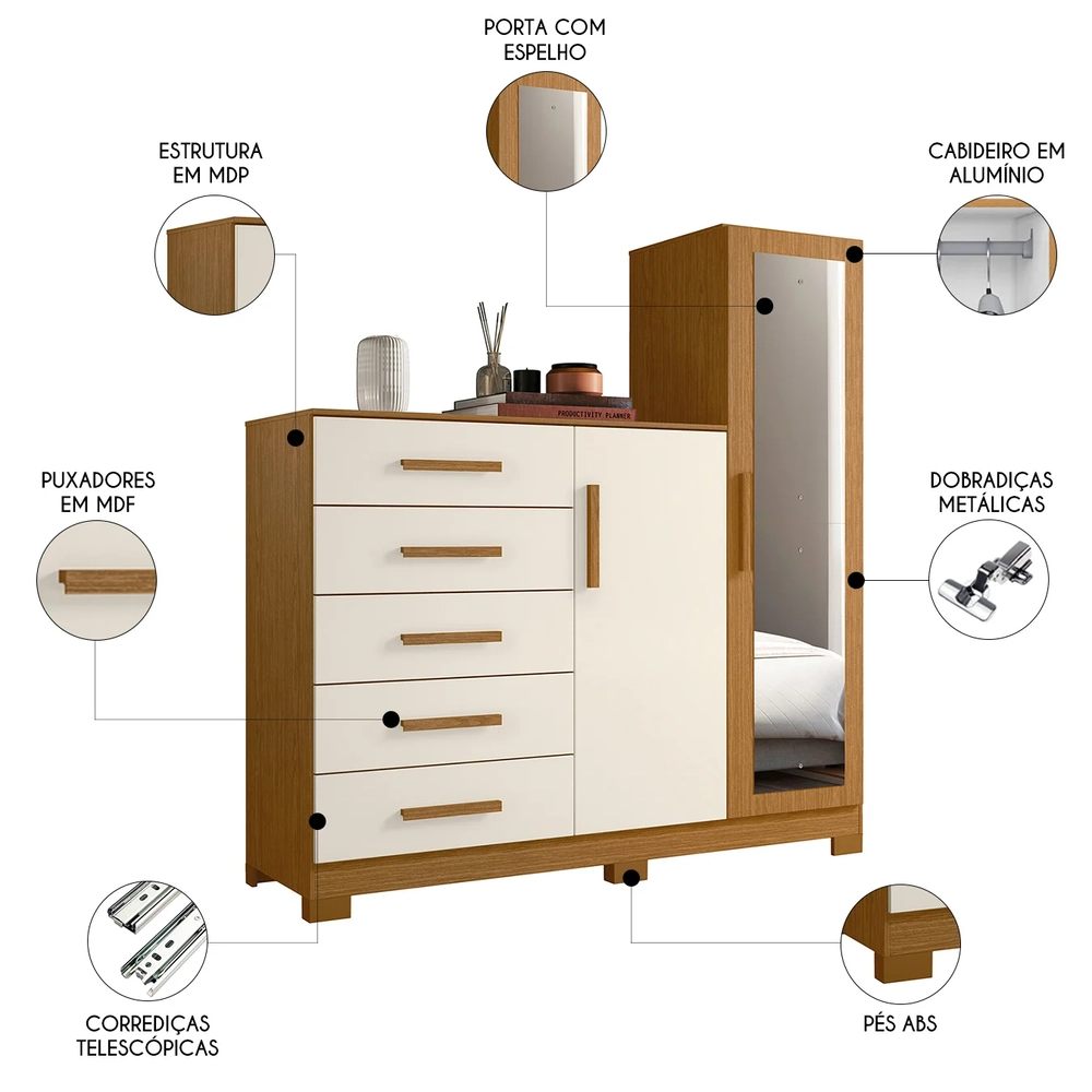 Guarda Roupa Cômoda com Espelho 158cm Suiça A02 Off/Cinamomo - Mpozenato