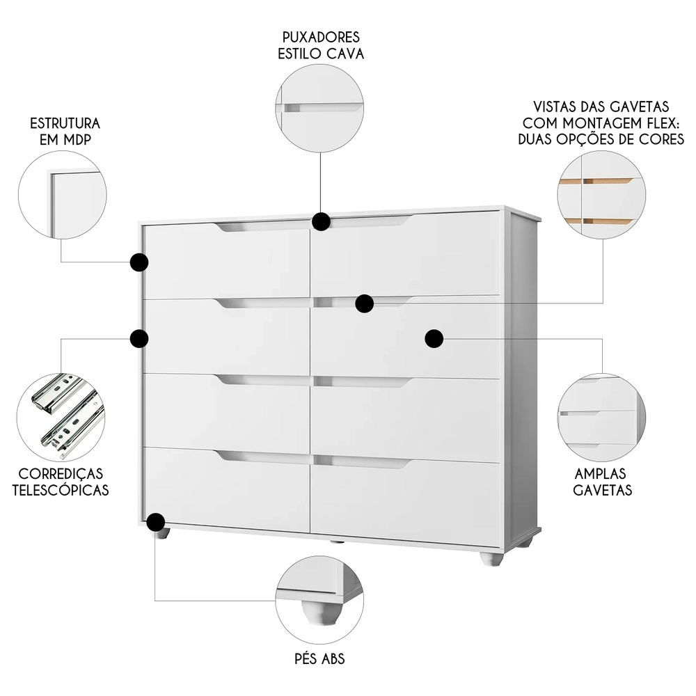 Cômoda Para Quarto 8 Gavetas 136cm Doble Flex Branco/Freijó - Albatroz