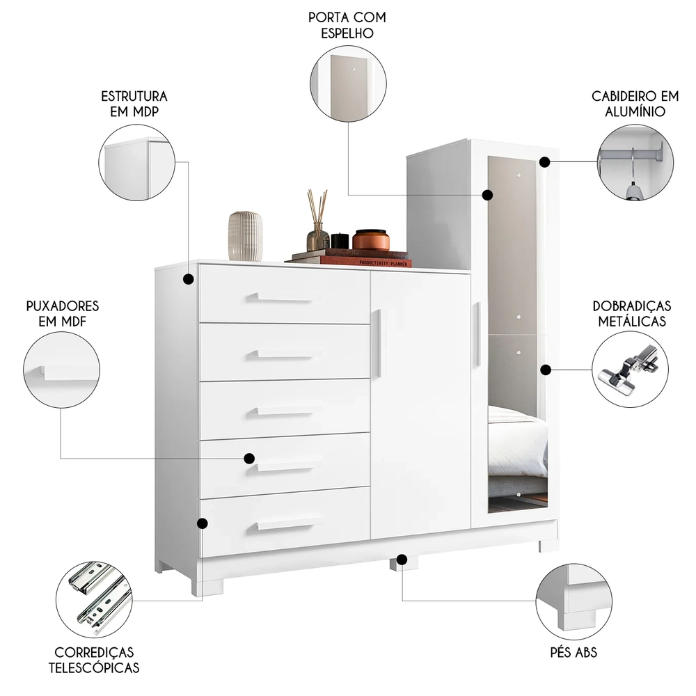 Guarda Roupa Cômoda com Espelho 158cm Suiça A02 Branco      - Mpozenato