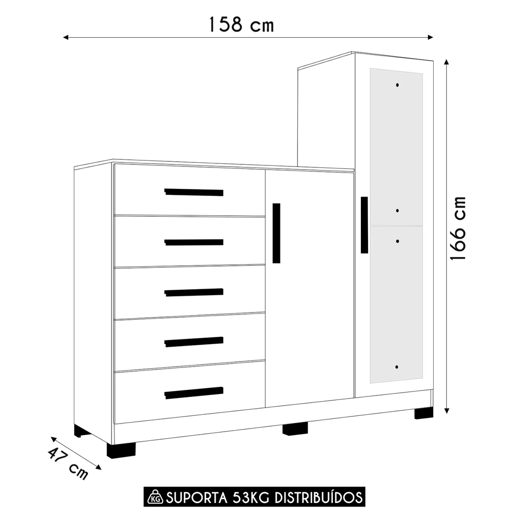 Guarda Roupa Cômoda com Espelho 158cm Suiça A02 Branco      - Mpozenato