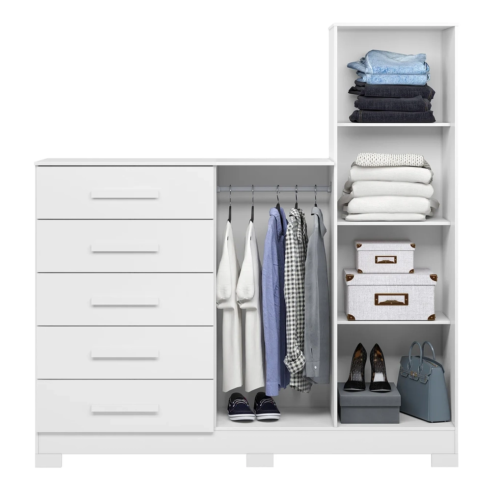Guarda Roupa Cômoda com Espelho 158cm Suiça A02 Branco      - Mpozenato