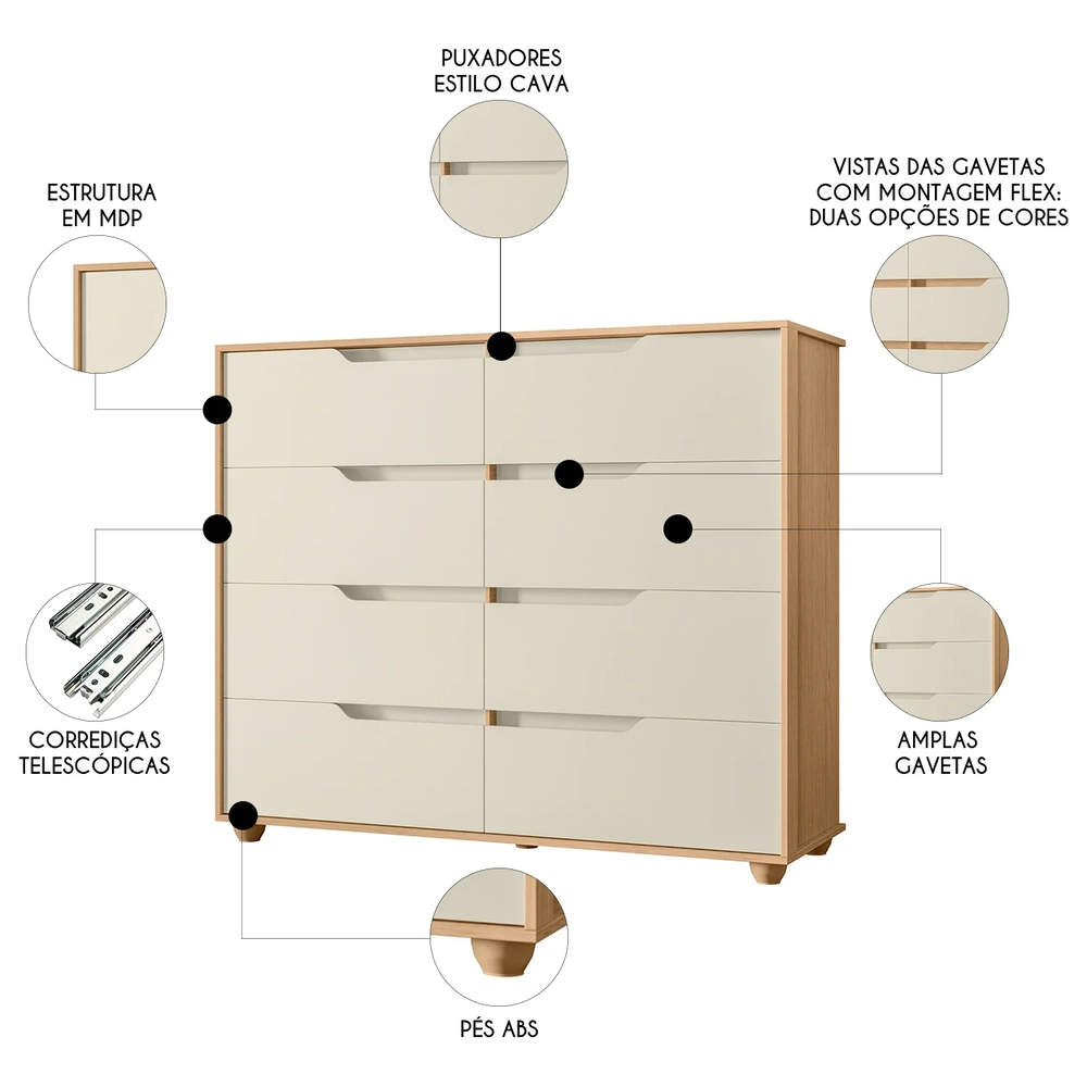 Cômoda Para Quarto 8 Gavetas 136cm Doble Flex Off/Freijó - Albatroz
