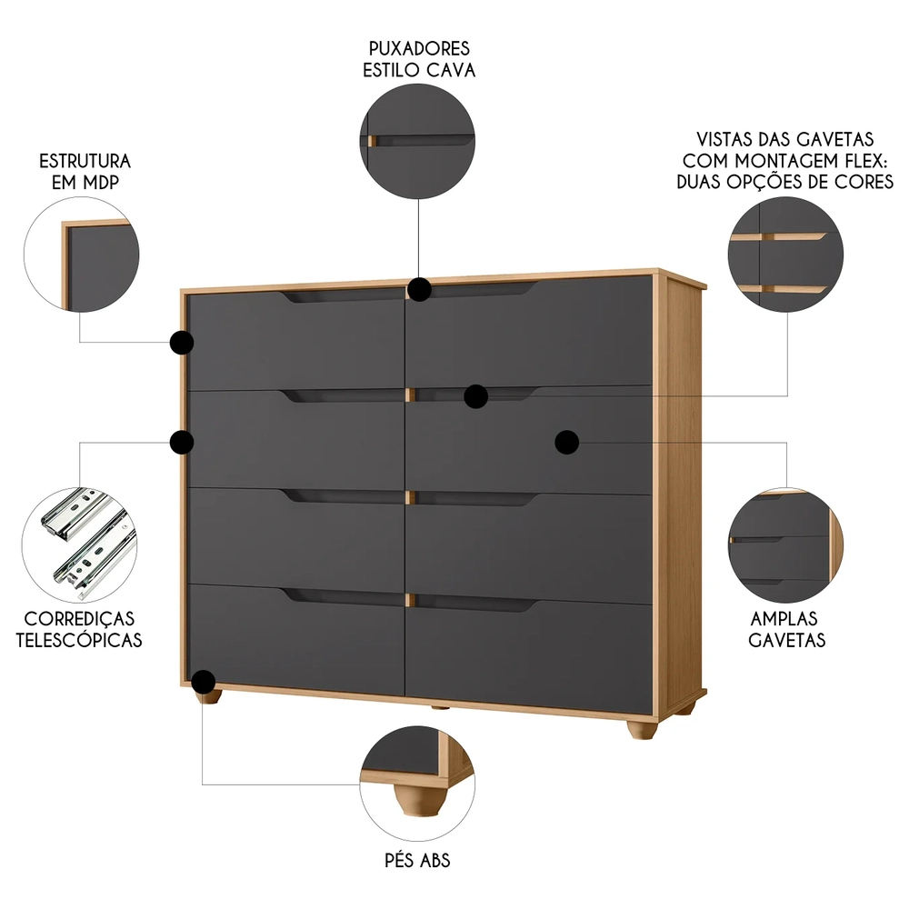 Cômoda Para Quarto 8 Gavetas 136cm Doble Flex Freijó/Titanium - Albatroz
